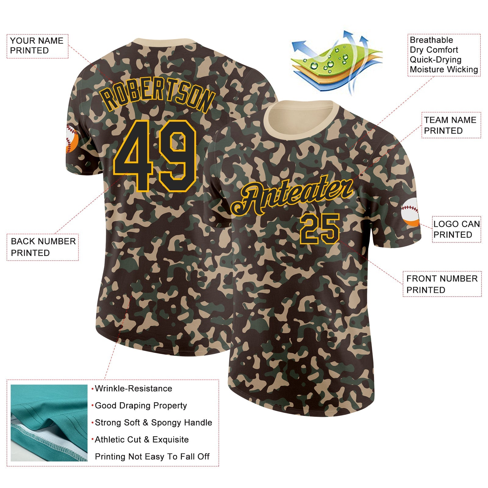 Custom Camo Black-Gold Woodland Forest Digital Camouflage Pixel Salute To Service Performance T-Shirt view 2