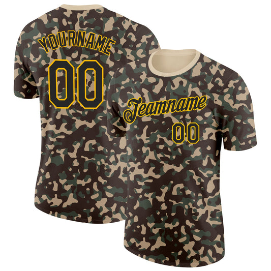 Custom Camo Black-Gold Woodland Forest Digital Camouflage Pixel Salute To Service Performance T-Shirt - Main View