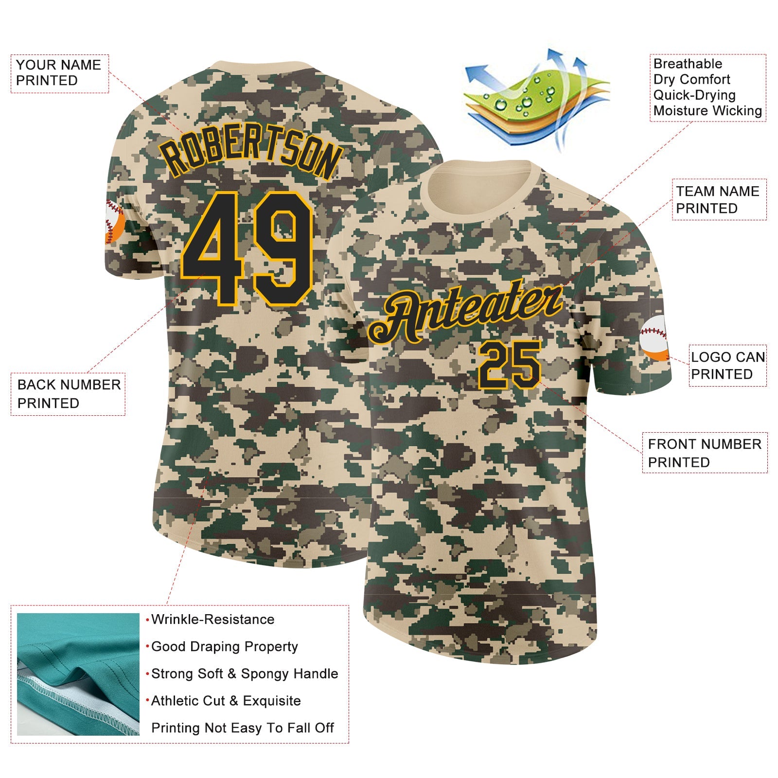 Custom Camo Black-Gold Woodland Forest Digital Camouflage Pixel Salute To Service Performance T-Shirt view 2