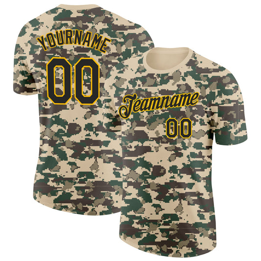 Custom Camo Black-Gold Woodland Forest Digital Camouflage Pixel Salute To Service Performance T-Shirt - Main View