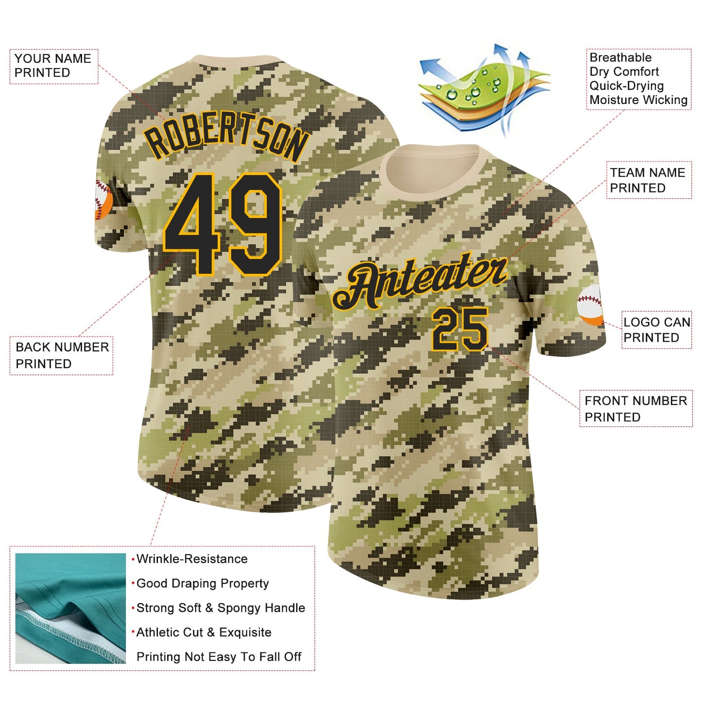 Custom Camo Black-Gold Desert Digital Camouflage Pixel Salute To Service Performance T-Shirt view 2