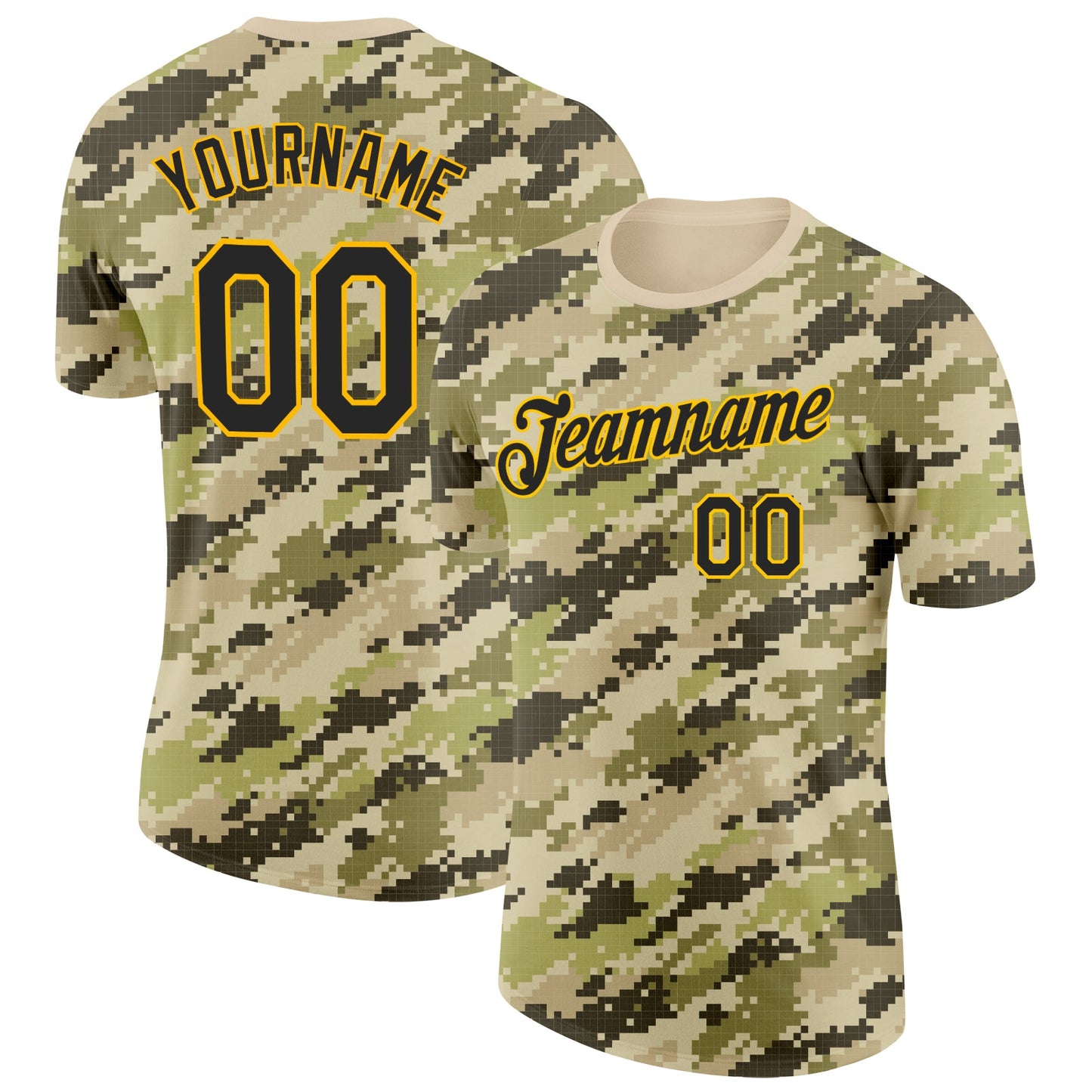 Custom Camo Black-Gold Desert Digital Camouflage Pixel Salute To Service Performance T-Shirt - Main View