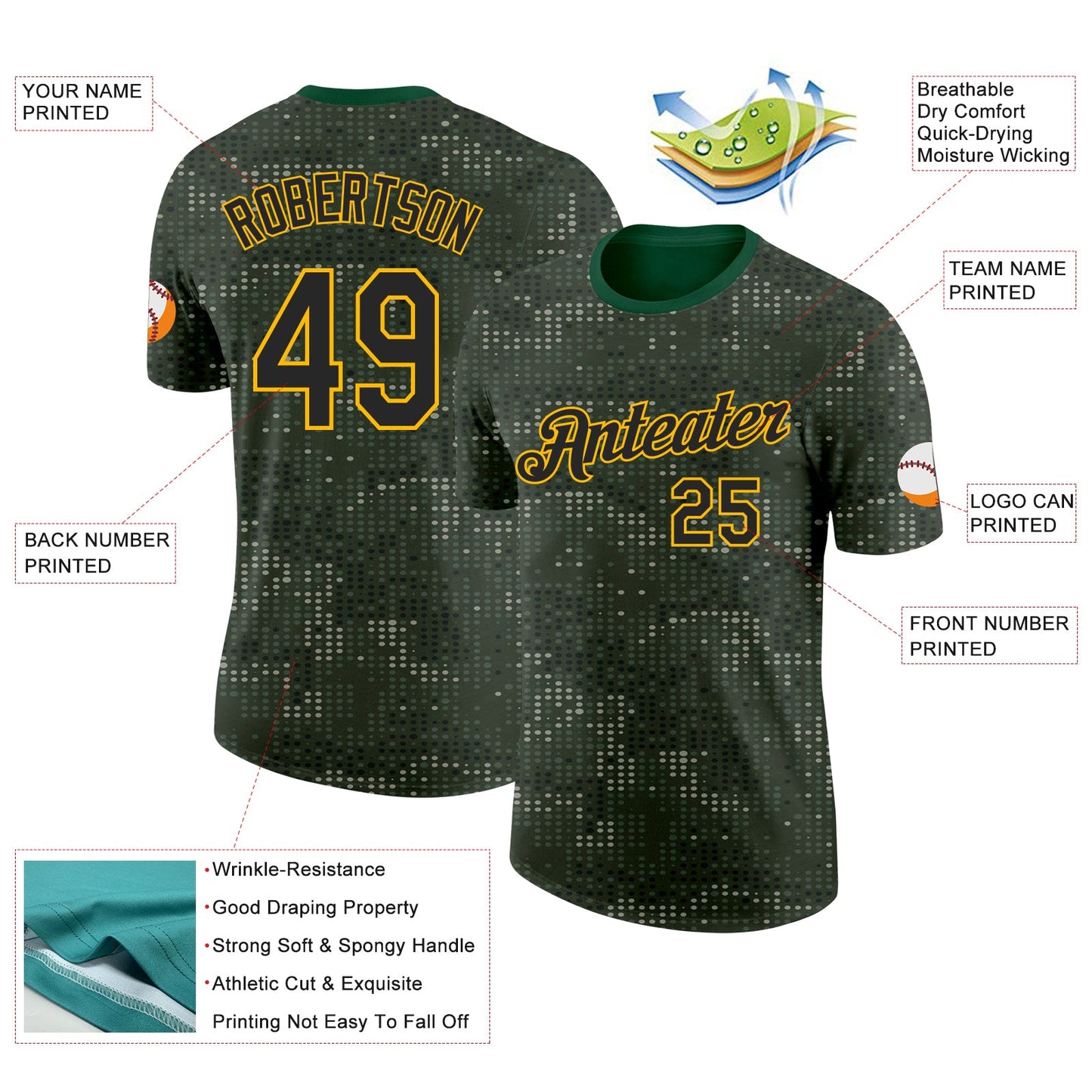 Custom Camo Black-Gold Woodland Forest Digital Camouflage Pixel Salute To Service Performance T-Shirt view 2