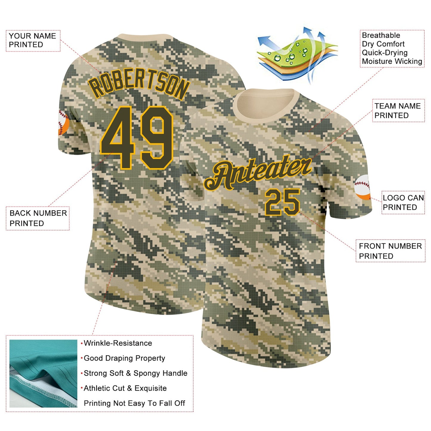 Custom Camo Olive-Gold Desert Digital Camouflage Pixel Salute To Service Performance T-Shirt view 2