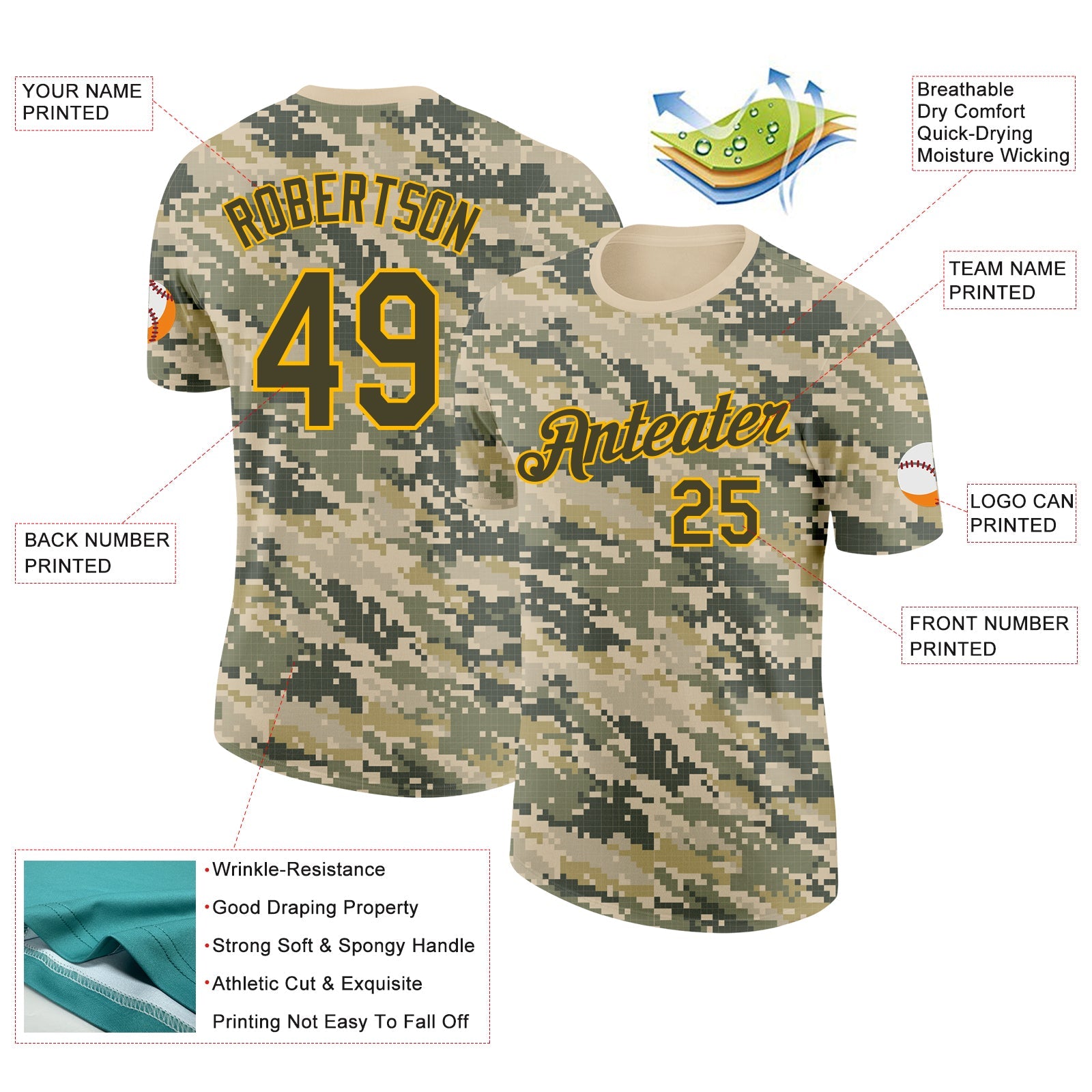 Custom Camo Olive-Gold Desert Digital Camouflage Pixel Salute To Service Performance T-Shirt view 2