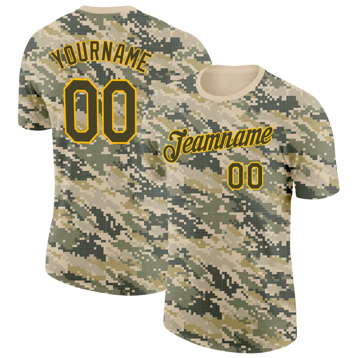 Custom Camo Olive-Gold Desert Digital Camouflage Pixel Salute To Service Performance T-Shirt - Main View