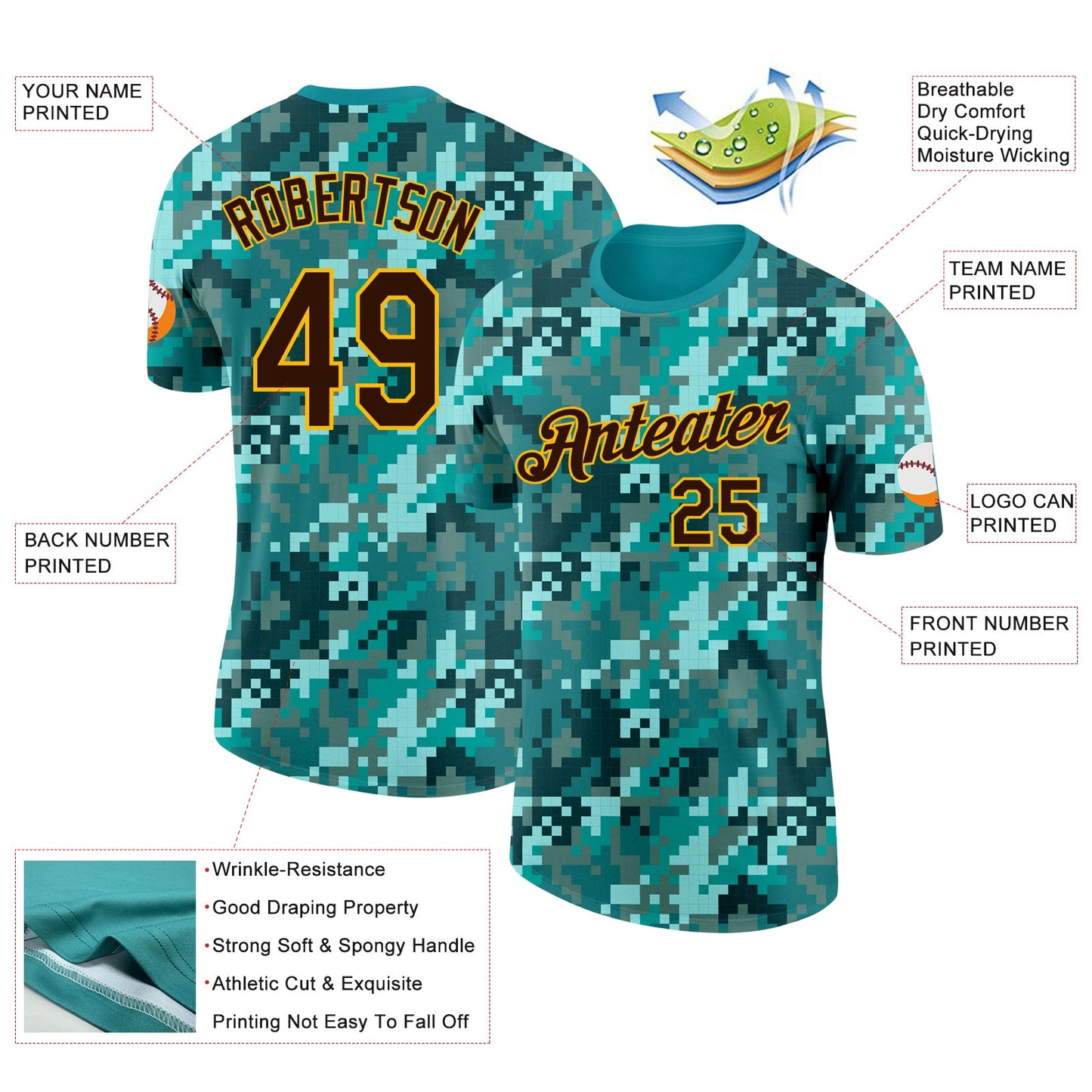 Custom Camo Brown-Gold Ocean Digital Camouflage Pixel Salute To Service Performance T-Shirt view 2