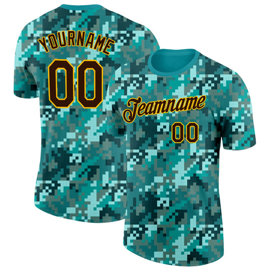 Custom Camo Brown-Gold Ocean Digital Camouflage Pixel Salute To Service Performance T-Shirt - Main View