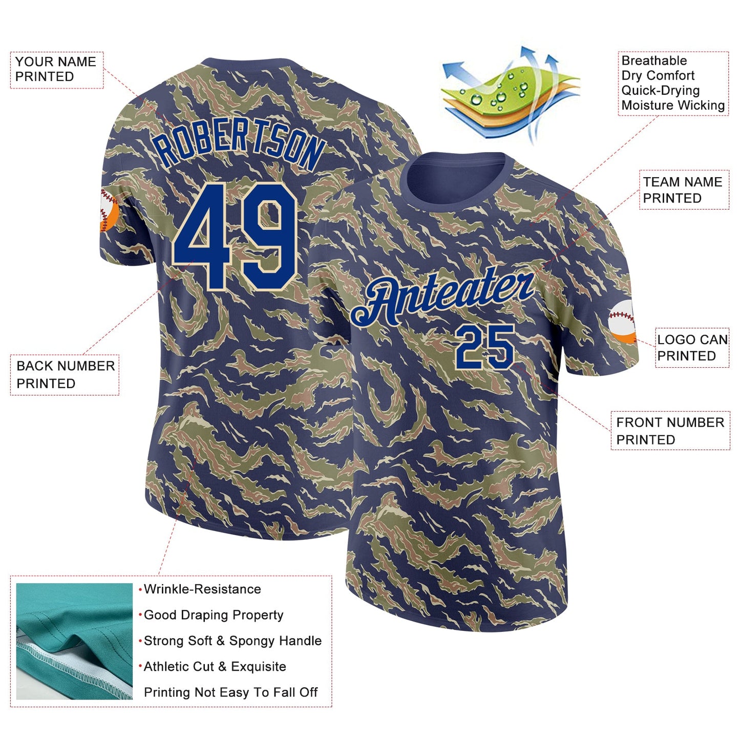 Custom Camo Royal-Cream Tiger Stripe Camouflage Salute To Service Performance T-Shirt view 2