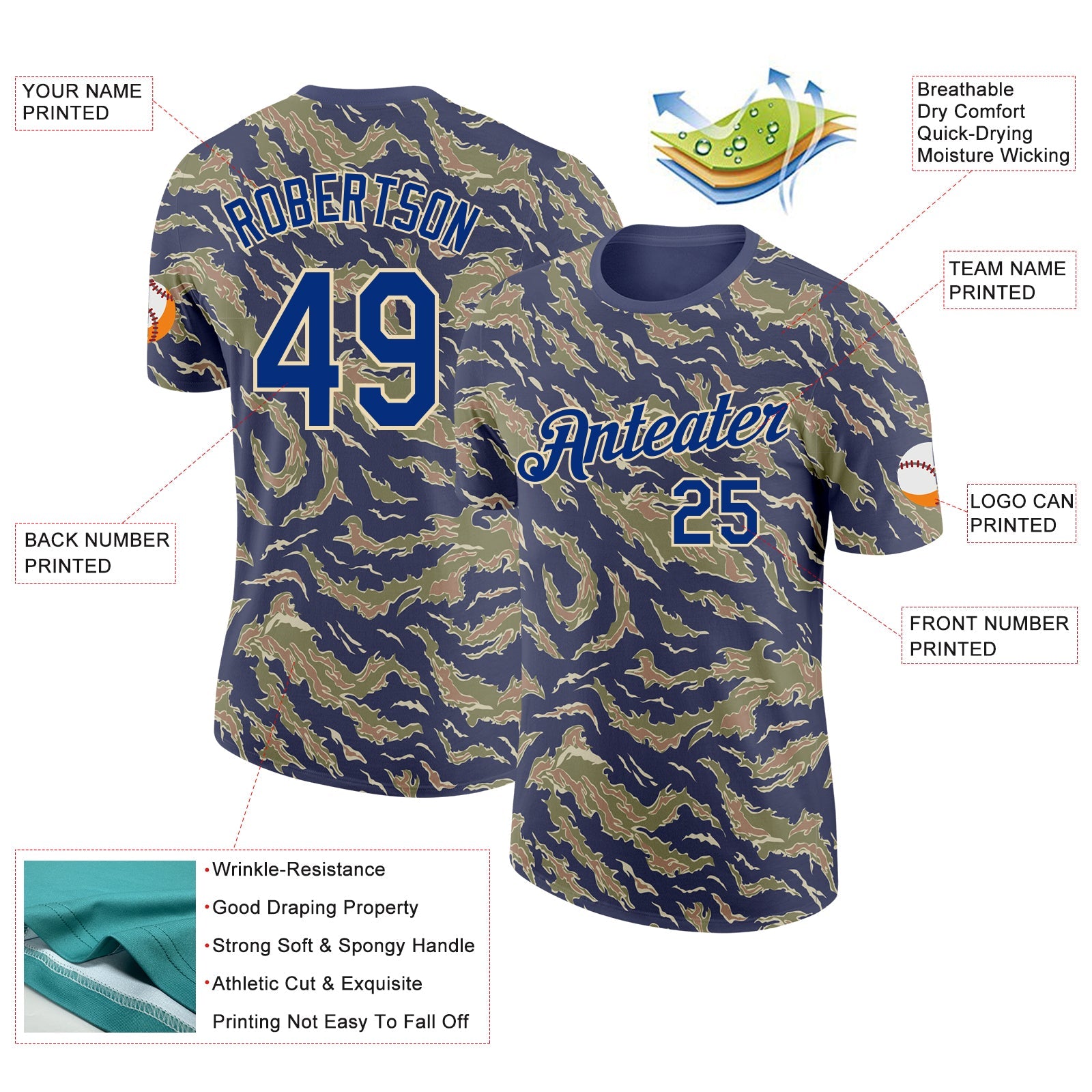 Custom Camo Royal-Cream Tiger Stripe Camouflage Salute To Service Performance T-Shirt view 2