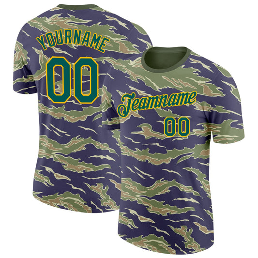 Custom Camo Midnight Green-Gold Tiger Stripe Camouflage Salute To Service Performance T-Shirt - Main View