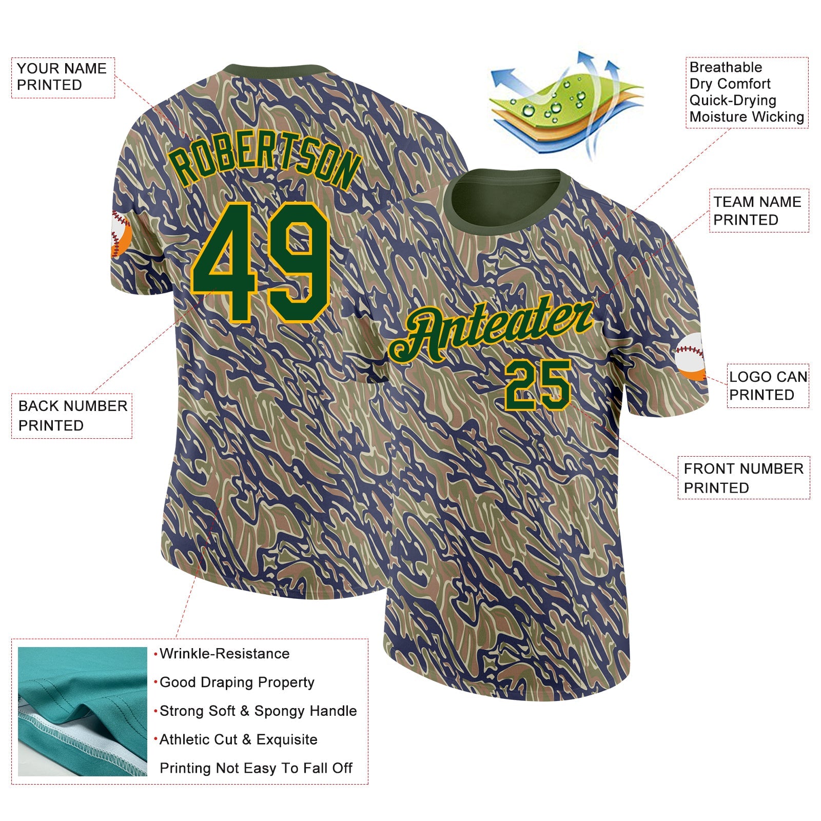 Custom Camo Green-Gold Tiger Stripe Camouflage Salute To Service Performance T-Shirt view 2