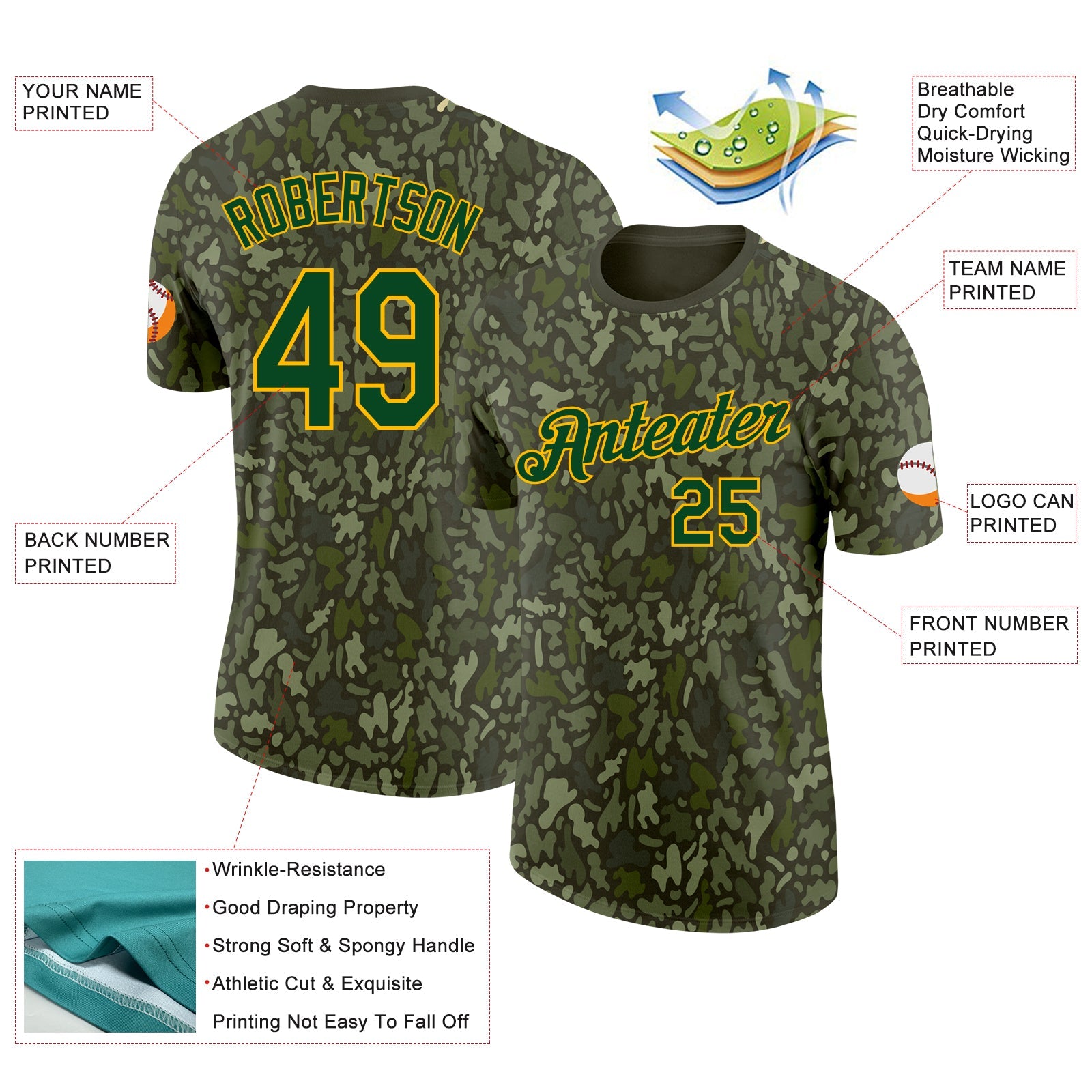 Custom Camo Green-Gold Woodland Forest Digital Camouflage Salute To Service Performance T-Shirt view 2