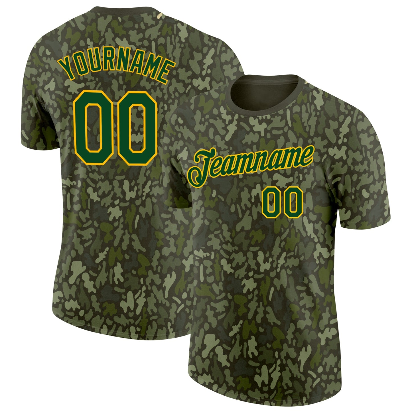 Custom Camo Green-Gold Woodland Forest Digital Camouflage Salute To Service Performance T-Shirt - Main View