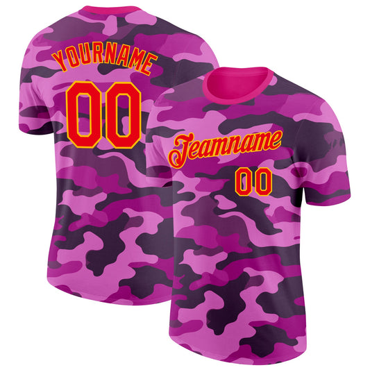 Custom Camo Fire Red-Gold Wave Camouflage Salute To Service Performance T-Shirt - Main View