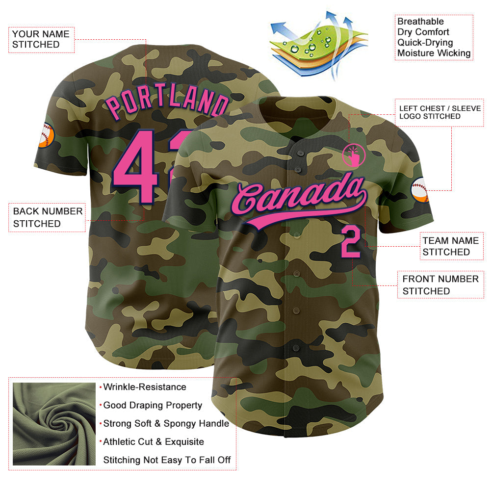 Custom Camo Pink-Navy Authentic Salute To Service Baseball Jersey view 3