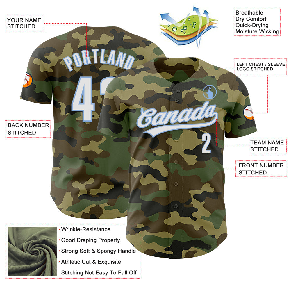 Custom Camo White-Light Blue Authentic Salute To Service Baseball Jersey view 3