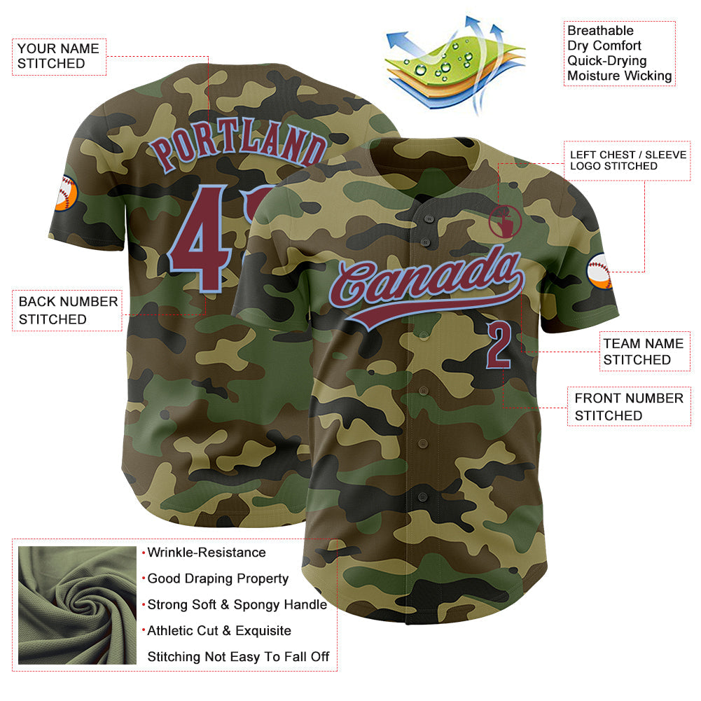 Custom Camo Burgundy-Light Blue Authentic Salute To Service Baseball Jersey view 3