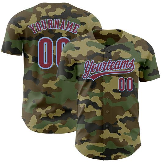 Custom Camo Burgundy-Light Blue Authentic Salute To Service Baseball Jersey - Main View