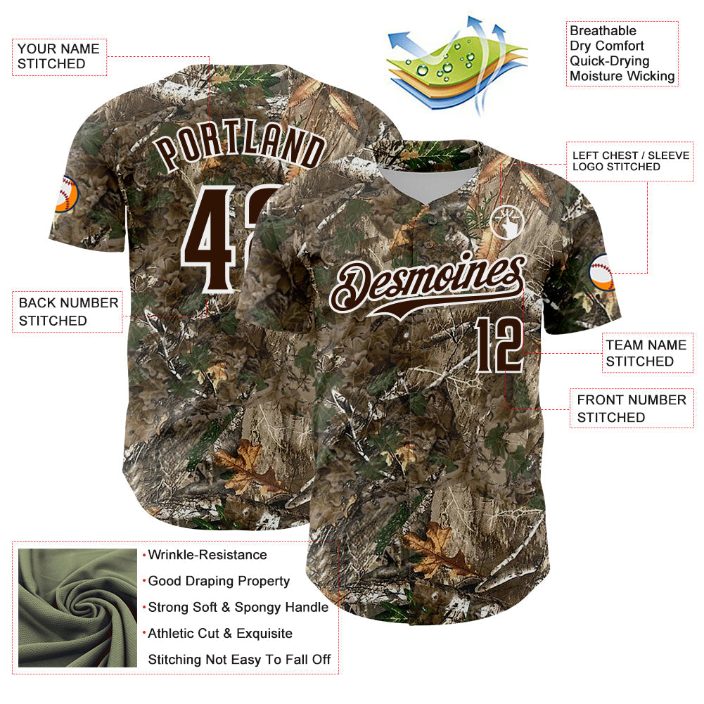 Custom Camo Brown-White Woodland Forest Camouflage Authentic Salute To Service Baseball Jersey view 3