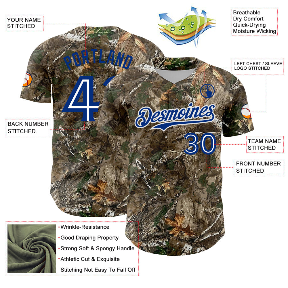 Custom Camo White-Royal Woodland Forest Camouflage Authentic Salute To Service Baseball Jersey view 3