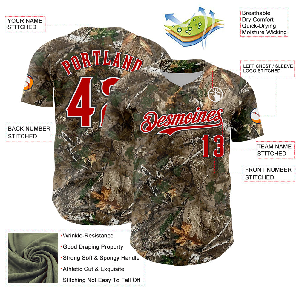Custom Camo Red White-Black Woodland Forest Camouflage Authentic Salute To Service Baseball Jersey view 3