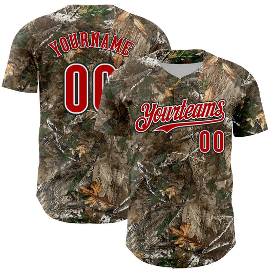 Custom Camo Red White-Black Woodland Forest Camouflage Authentic Salute To Service Baseball Jersey - Main View