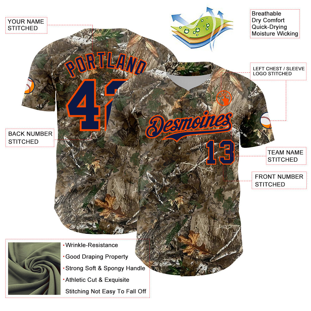 Custom Camo Navy-Orange Woodland Forest Camouflage Authentic Salute To Service Baseball Jersey view 3