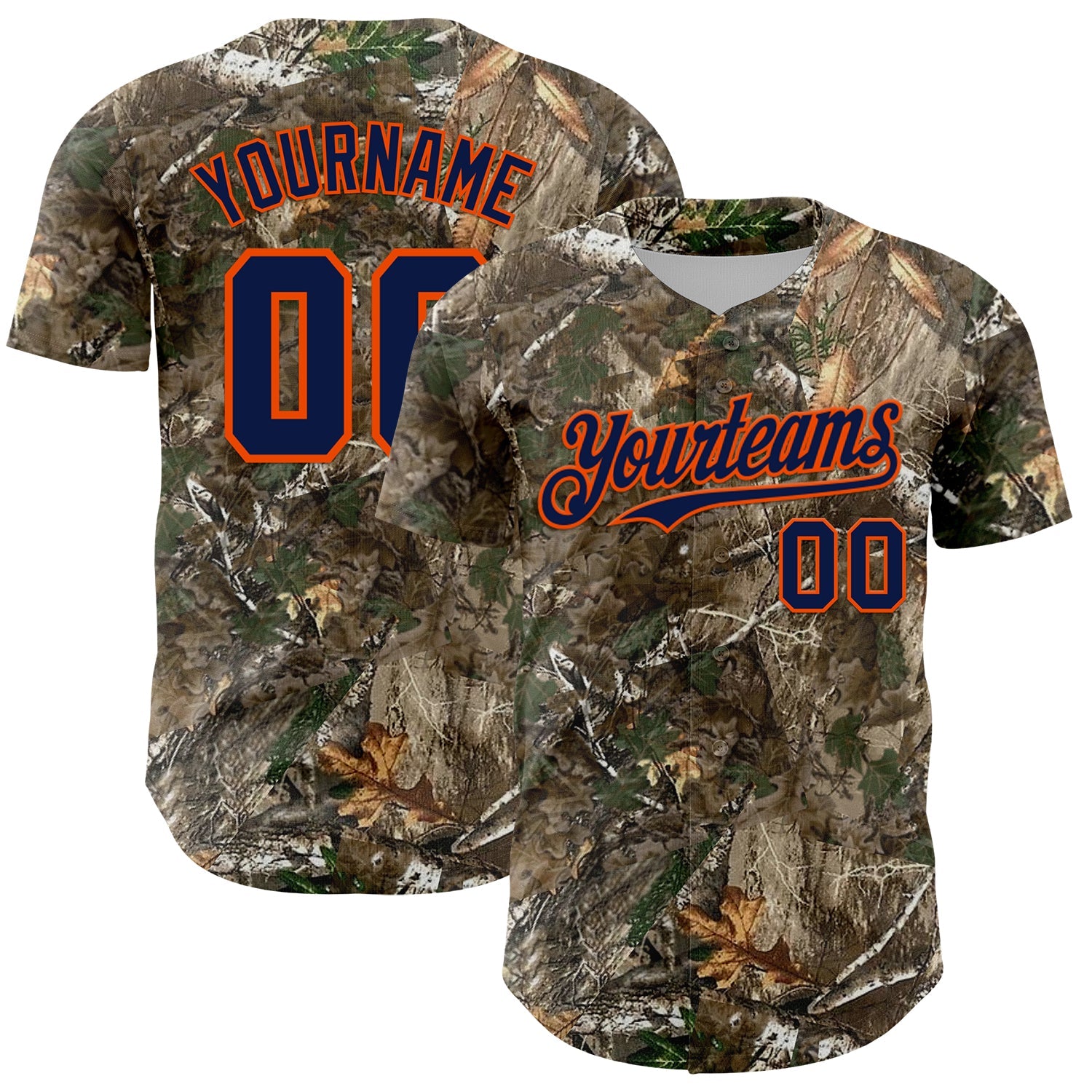 Custom Camo Navy-Orange Woodland Forest Camouflage Authentic Salute To Service Baseball Jersey - Main View