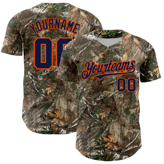 Custom Camo Navy-Orange Woodland Forest Camouflage Authentic Salute To Service Baseball Jersey - Main View