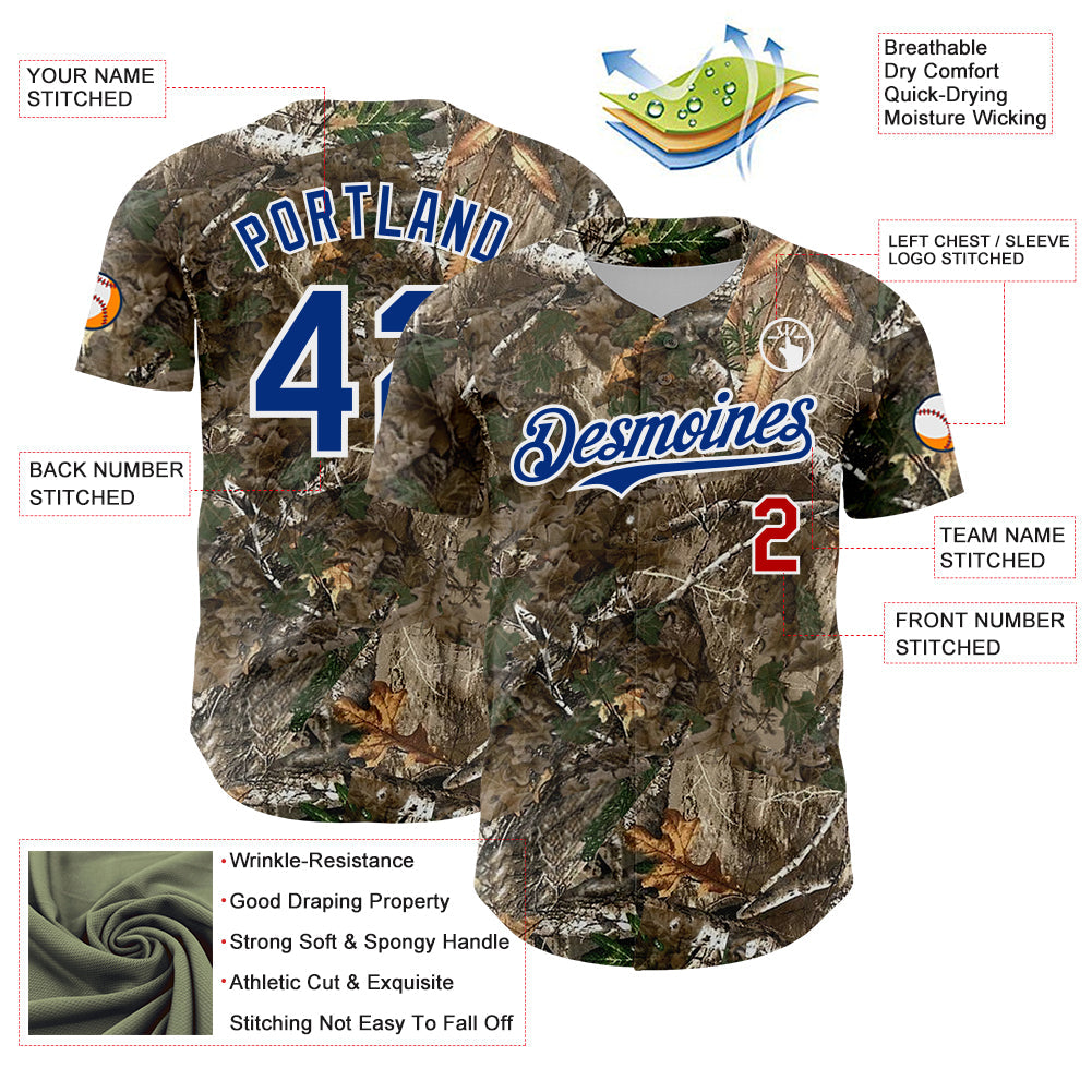 Custom Camo Royal Red-White Woodland Forest Camouflage Authentic Salute To Service Baseball Jersey view 3