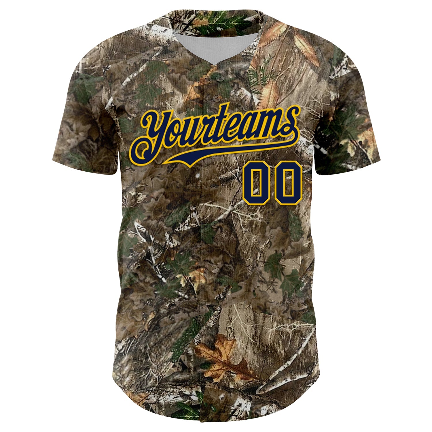 Custom Camo Navy-Yellow Woodland Forest Camouflage Authentic Salute To Service Baseball Jersey view 2