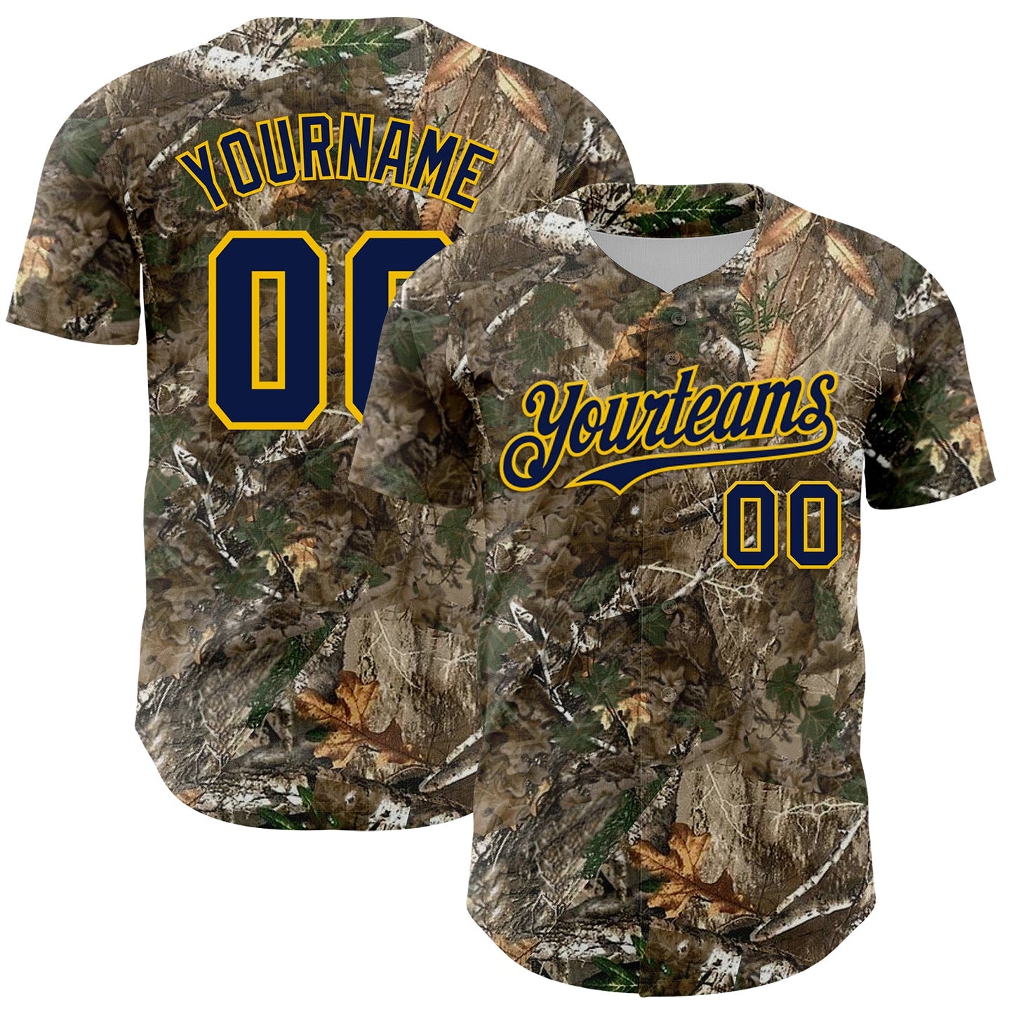 Custom Camo Navy-Yellow Woodland Forest Camouflage Authentic Salute To Service Baseball Jersey - Main View