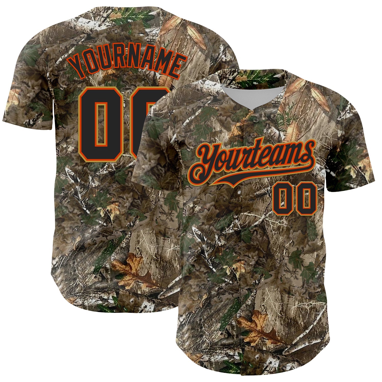 Custom Camo Black Orange-Old Gold Woodland Forest Camouflage Authentic Salute To Service Baseball Jersey - Main View