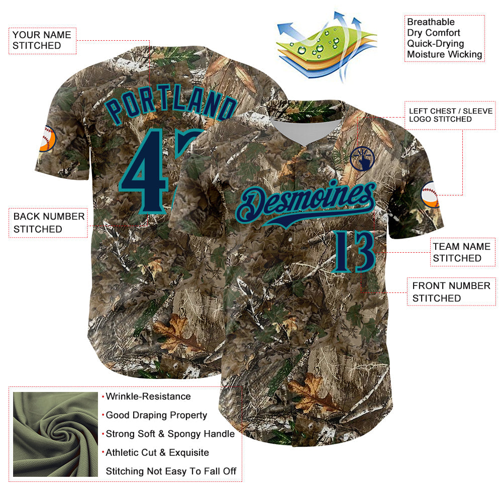 Custom Camo Navy-Teal Woodland Forest Camouflage Authentic Salute To Service Baseball Jersey view 3