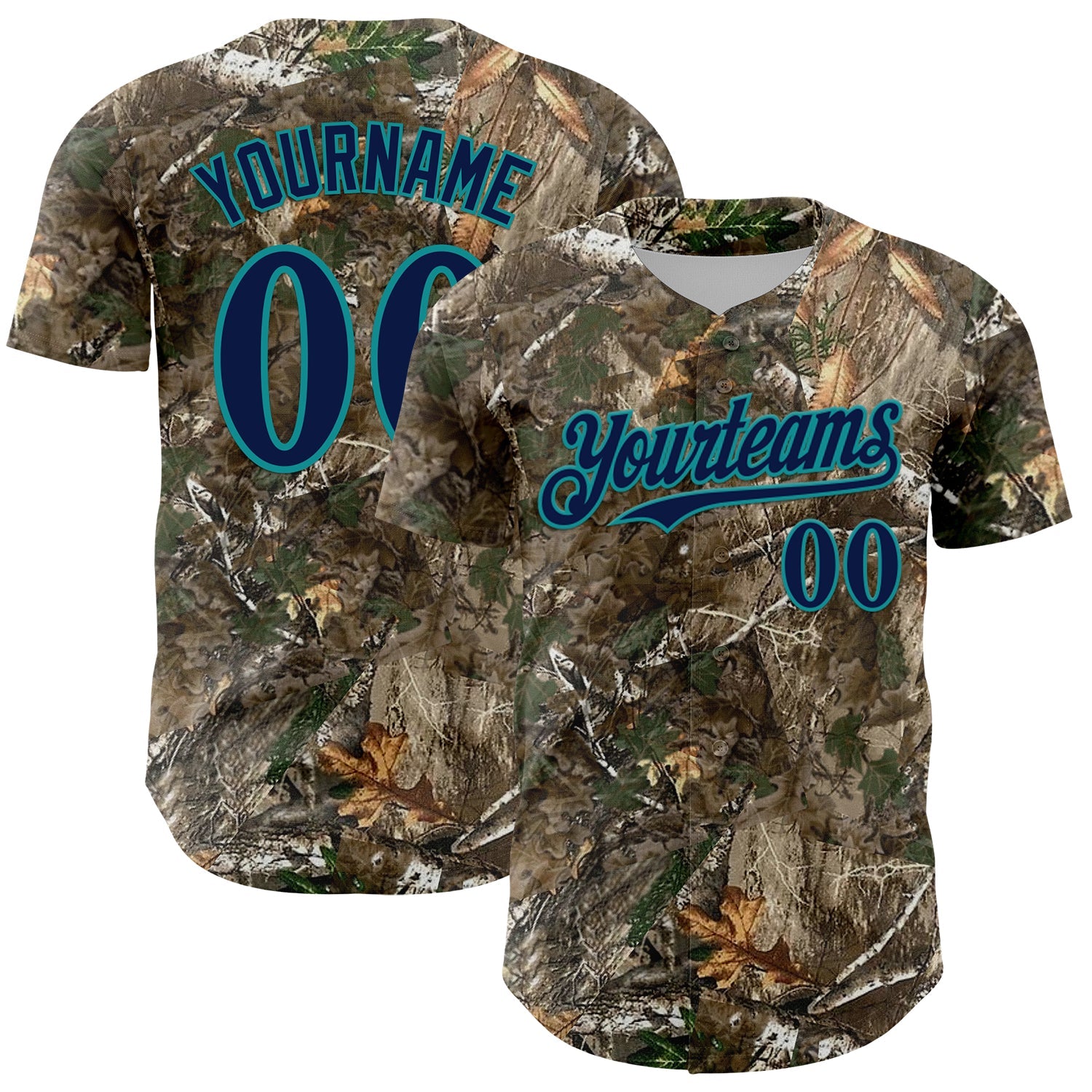 Custom Camo Navy-Teal Woodland Forest Camouflage Authentic Salute To Service Baseball Jersey - Main View