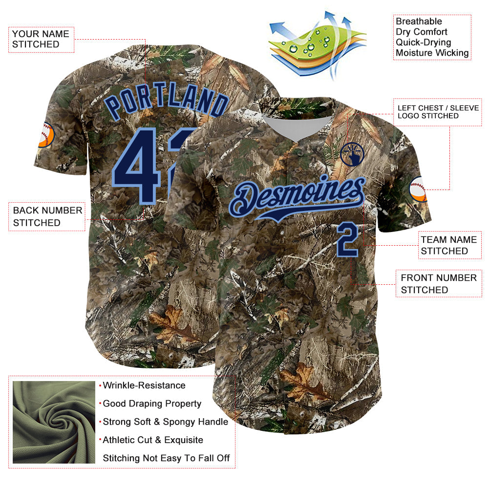 Custom Camo Navy-Powder Blue Woodland Forest Camouflage Authentic Salute To Service Baseball Jersey view 3