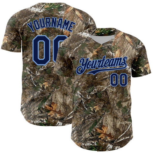 Custom Camo Navy-Powder Blue Woodland Forest Camouflage Authentic Salute To Service Baseball Jersey - Main View