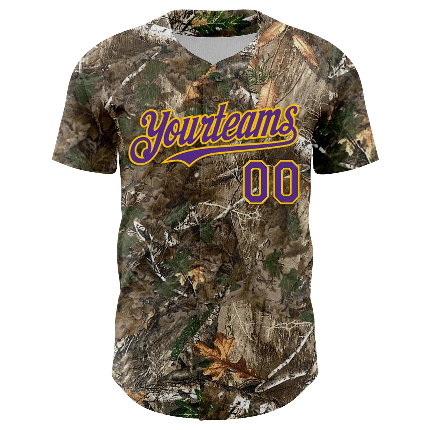 Custom Camo Purple-Yellow Woodland Forest Camouflage Authentic Salute To Service Baseball Jersey view 2