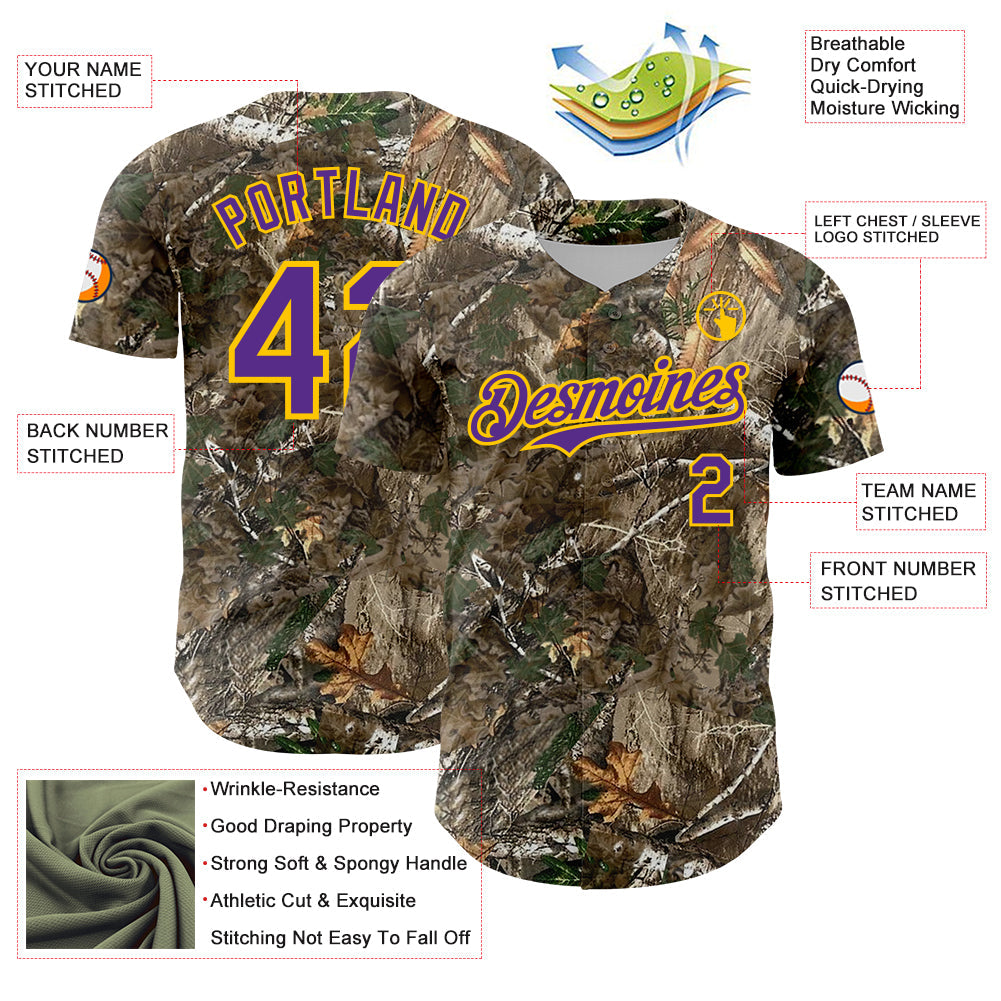 Custom Camo Purple-Yellow Woodland Forest Camouflage Authentic Salute To Service Baseball Jersey view 3
