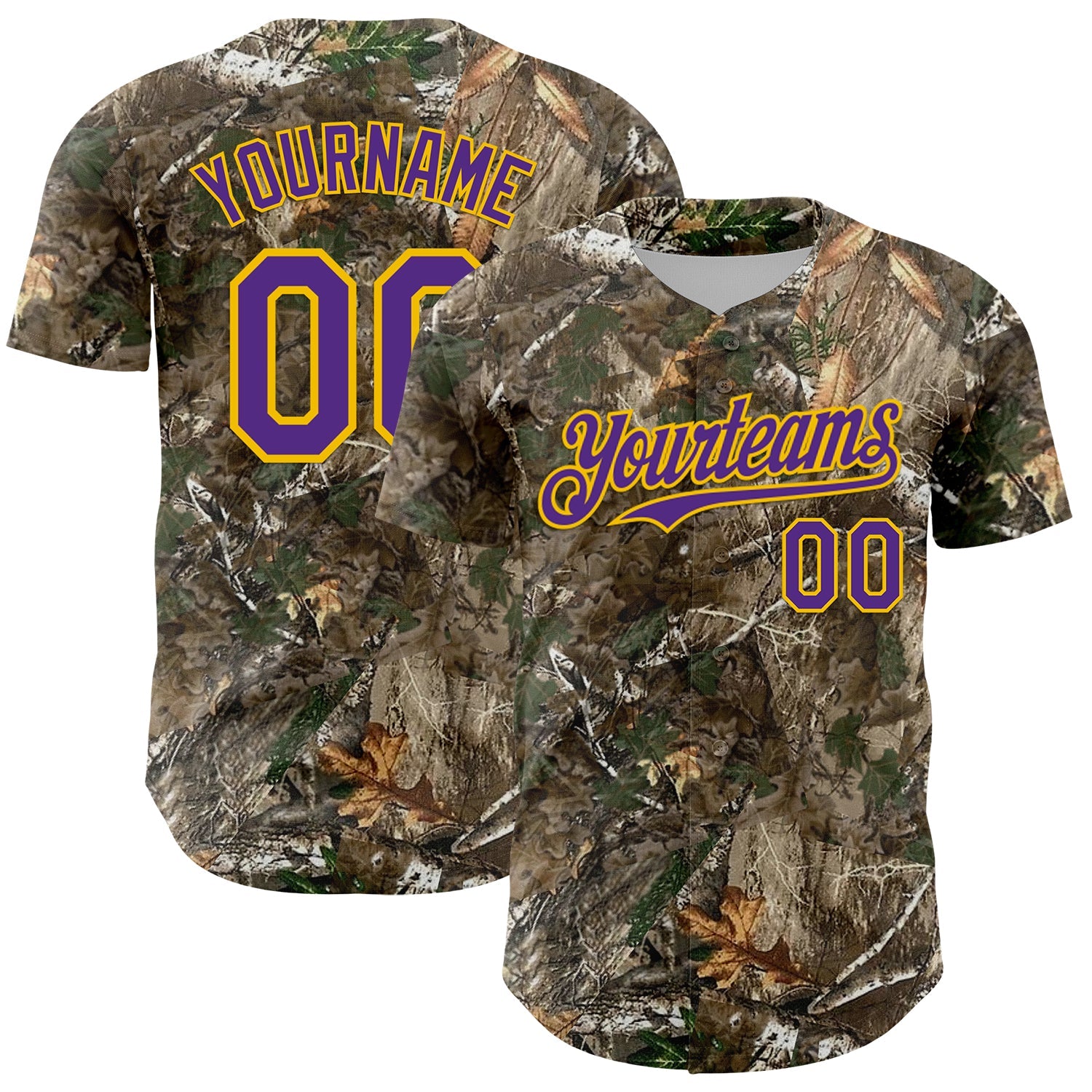 Custom Camo Purple-Yellow Woodland Forest Camouflage Authentic Salute To Service Baseball Jersey - Main View