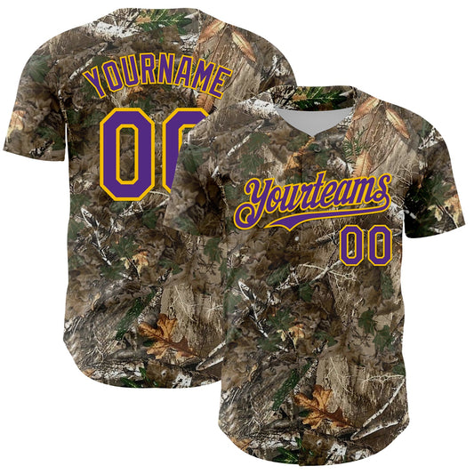 Custom Camo Purple-Yellow Woodland Forest Camouflage Authentic Salute To Service Baseball Jersey - Main View