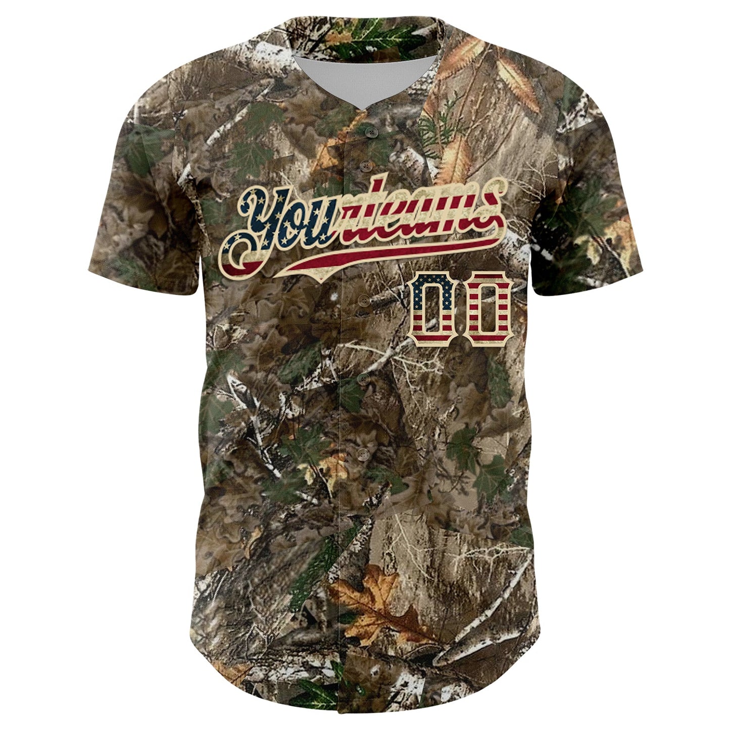 Custom Camo Vintage USA Flag-Cream Woodland Forest Camouflage Authentic Salute To Service Baseball Jersey view 2