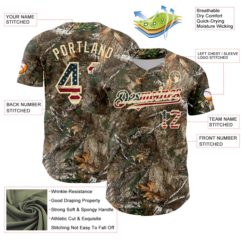 Custom Camo Vintage USA Flag-Cream Woodland Forest Camouflage Authentic Salute To Service Baseball Jersey view 3