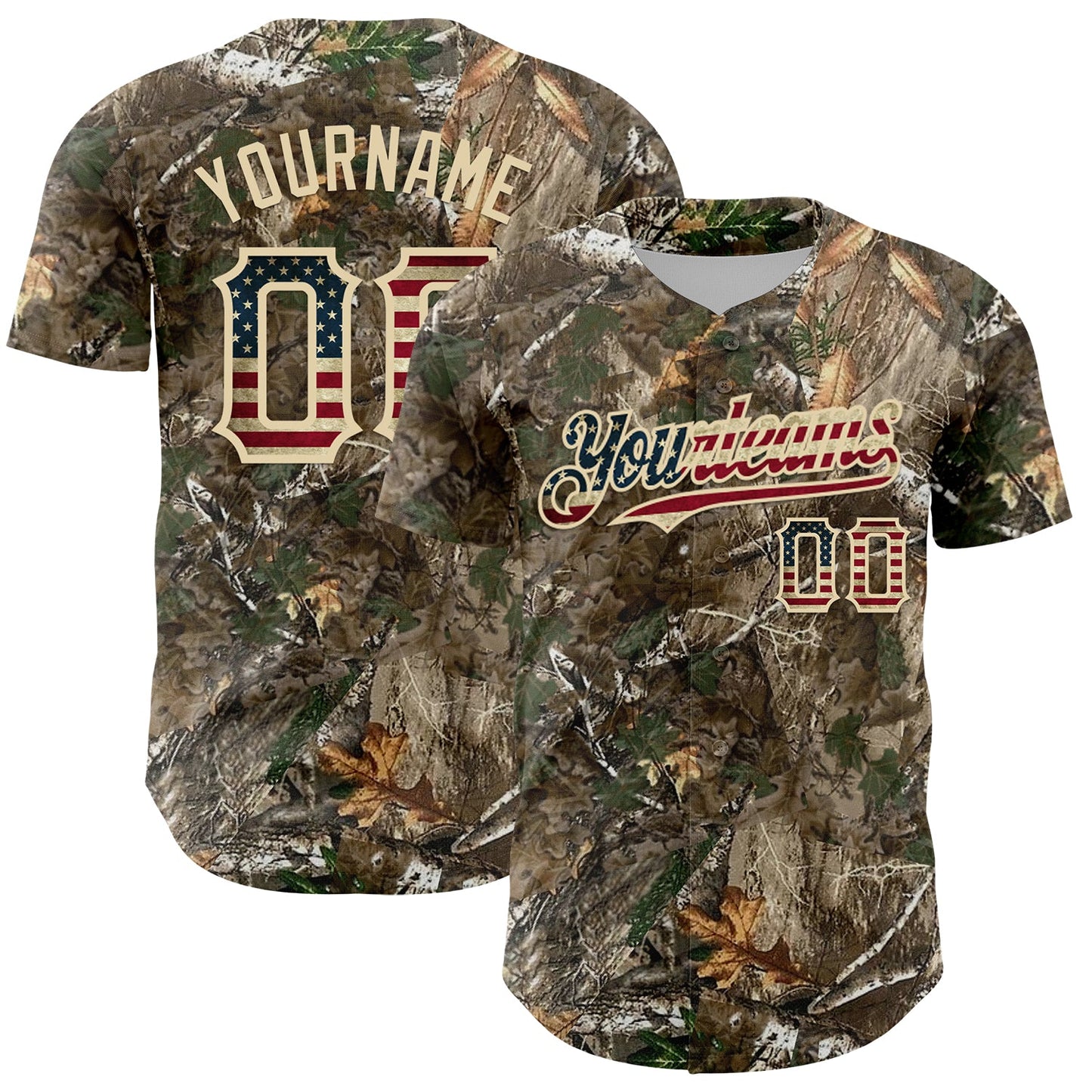 Custom Camo Vintage USA Flag-Cream Woodland Forest Camouflage Authentic Salute To Service Baseball Jersey - Main View