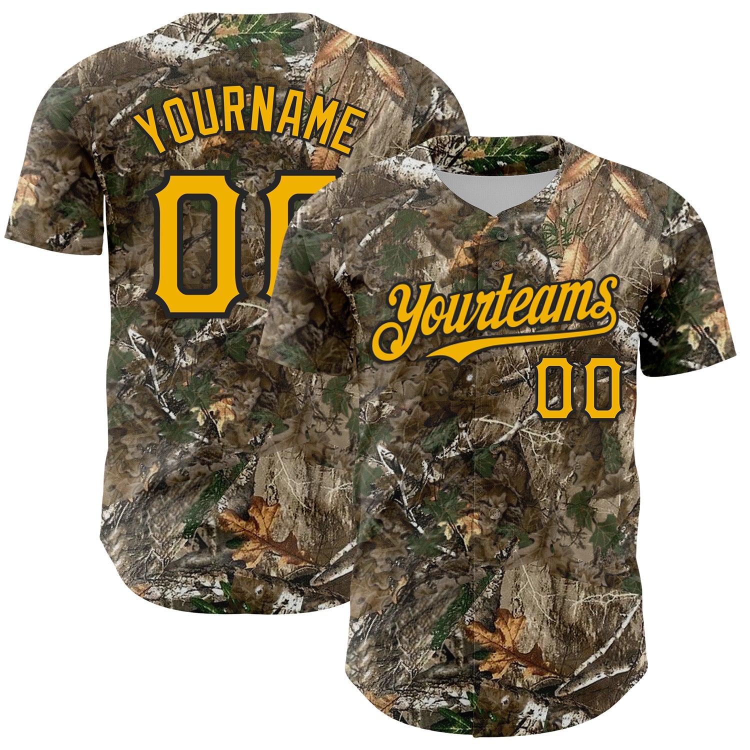 Custom Camo Gold-Black Woodland Forest Camouflage Authentic Salute To Service Baseball Jersey - Main View