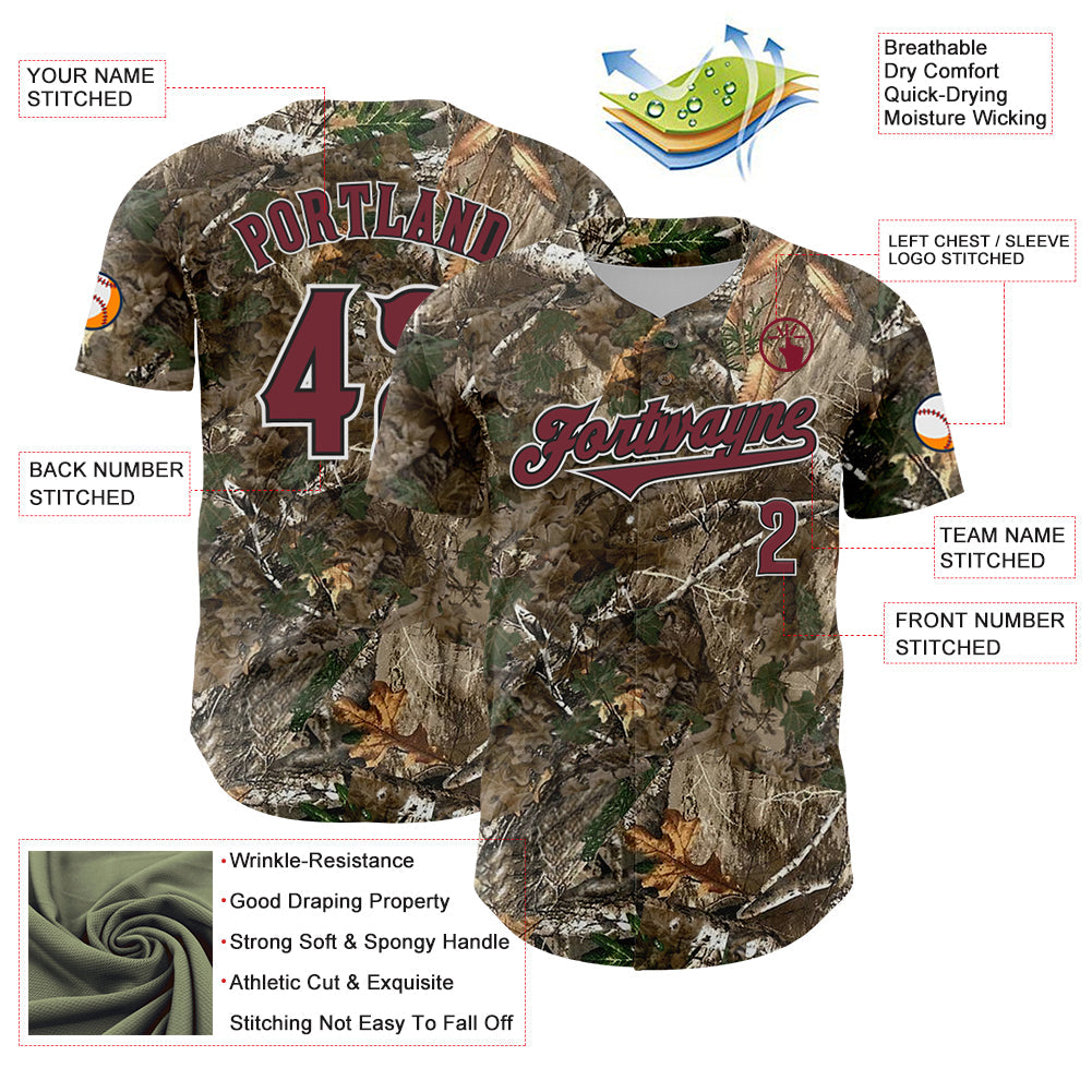 Custom Camo Burgundy White-Black Woodland Forest Camouflage Authentic Salute To Service Baseball Jersey view 3