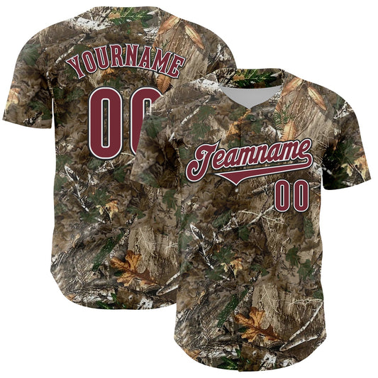 Custom Camo Burgundy White-Black Woodland Forest Camouflage Authentic Salute To Service Baseball Jersey - Main View