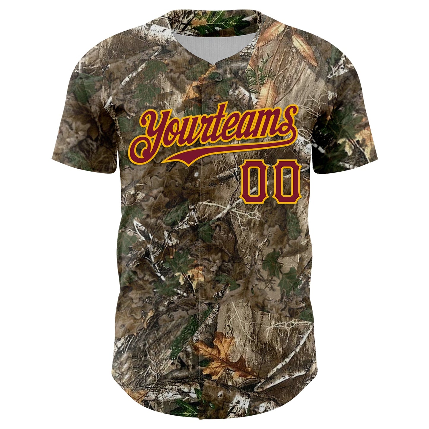 Custom Camo Crimson-Gold Woodland Forest Camouflage Authentic Salute To Service Baseball Jersey view 2