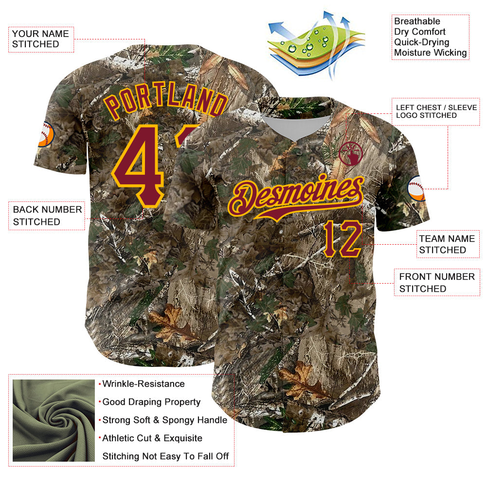 Custom Camo Crimson-Gold Woodland Forest Camouflage Authentic Salute To Service Baseball Jersey view 3